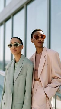 Pastel suit fashion portrait of two women wearing sunglasses on a modern balcony for editorial banner and street style background