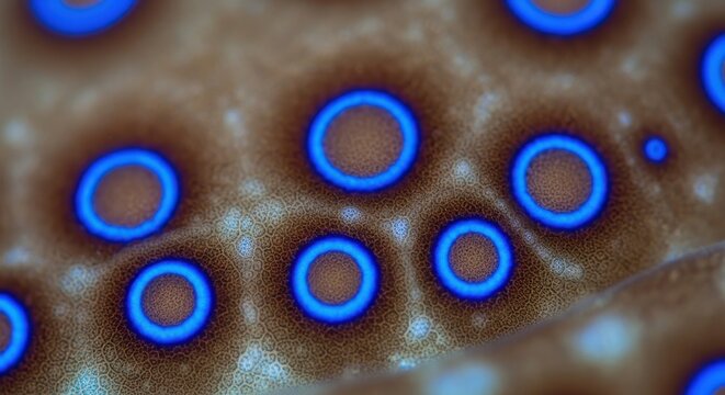 Macro Close-up of Blue-Ringed Octopus Skin Pattern with Vibrant Glowing Blue Rings and Detailed Texture