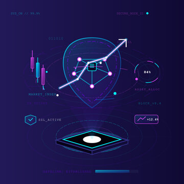 Digital interface displaying stock market data with glowing candlestick charts, a rising arrow graph, and network nodes on a dark background.