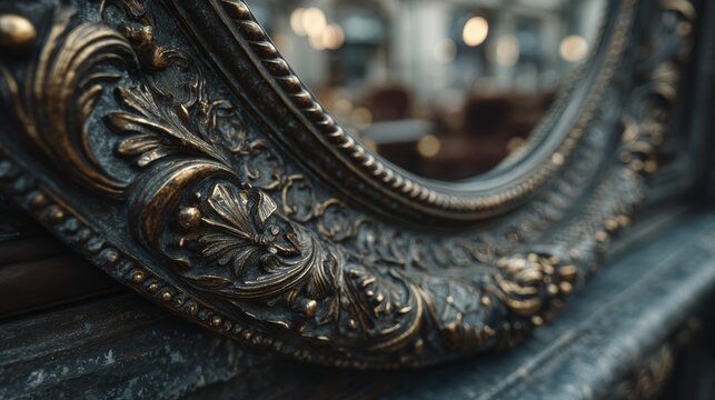 Intricate Ornate Mirror Frame with Gilded Details and Dark Patina.