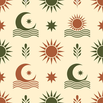Islamic Pattern and Cultural Seamless Background. Crescent Moon, Sun, Decorative Floral Vector Illustration