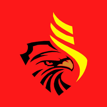Fierce vector illustration of a black and red eagle head facing right with abstract yellow graphic accents. Suitable for corporate branding, sports teams, or gaming channels.