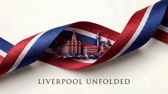 Detailed 3D Liverpool skyline with Liver Building, cathedrals and waterfront wrapped in flowing Union Jack flag ribbon, British city art.