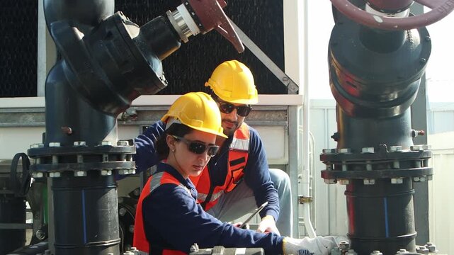 Engineers with safety vests and helmets maintaining a cooling tower on rooftop of a solar farm. Two workers inspecting cooling system of the building. Female technician with tablet check cooling tower