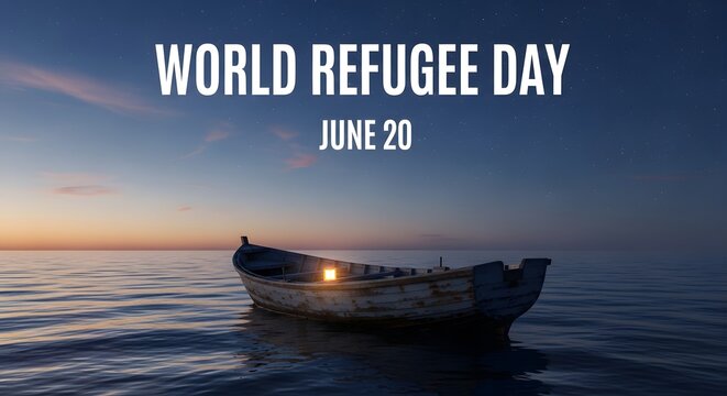 World Refugee Day Banner with Small Wooden Boat At Sea During Sunset on June 20