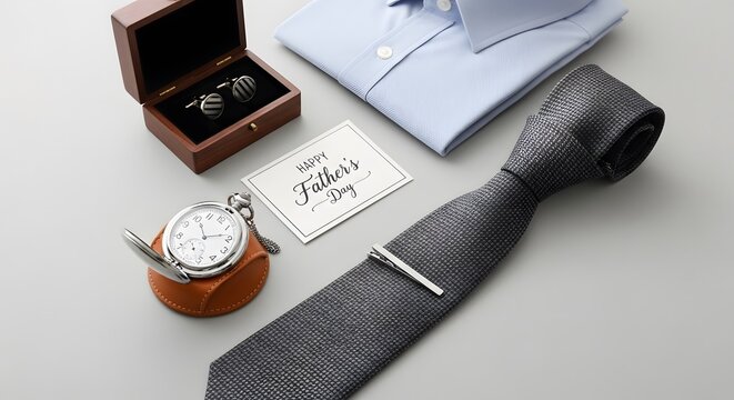 Happy Father's Day Flat Lay Composition with Light Blue Dress Shirt Silk Necktie Pocket Watch and Cufflinks