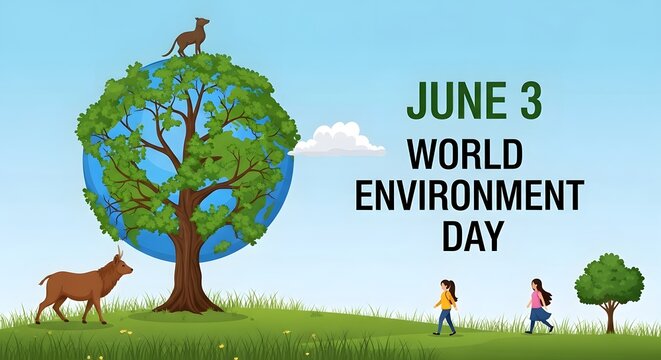 World Environment Day Banner with Earth Globe Tree Wildlife and June 3 Date