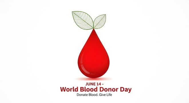 World Blood Donor Day Banner with Red Blood Drop and Growing Green Leaves on June 14