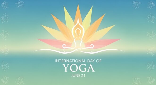 International Day of Yoga Banner with Stylized Lotus Flower Meditating Figure and June 21 Date