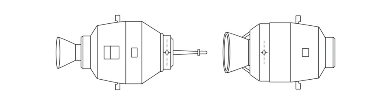 Spacecraft module icon set. docking module, crew capsule, side views, connector, aerospace components. line vector illustration.