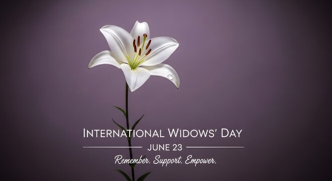 International Widows Day Banner with Single White Lily Flower on Dark Purple Background