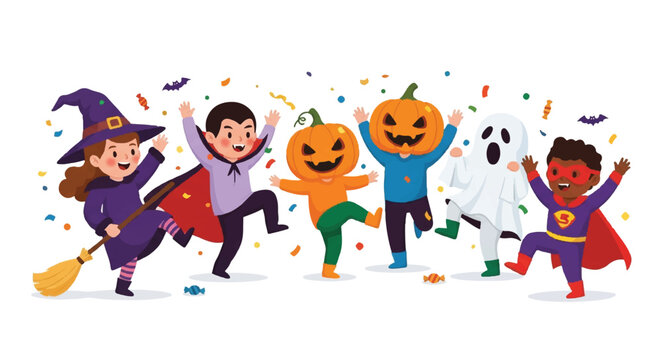 Colorful Halloween Parade of Joyful Children in Costume with Pumpkins and Confetti.