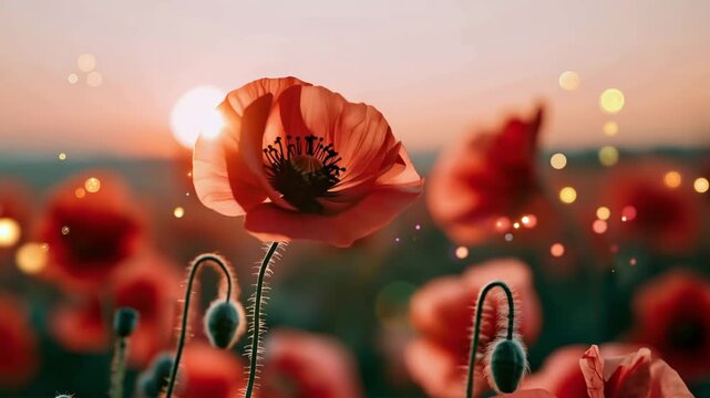 Poppy Field Moving in Wind During Golden Sunset, Cinematic Wildflower Meadow with Warm Evening Light and Peaceful Nature Atmosphere, Scenic Countryside Landscape Video