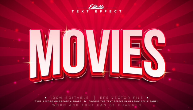 Movies Editable Text Effect Graphic Style with Red and White Cinematic Font on Retro Pop Art Movie Background. Customizable Comic Vector Typography Lettering Illustration Template for Greeting Card