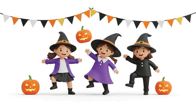 Three children dressed as witches celebrate Halloween with pumpkins and festive bunting.