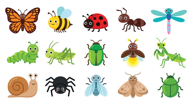 Cute cartoon insects collection, 15 colorful bug character icons, friendly garden wildlife vector set for children education and nature design