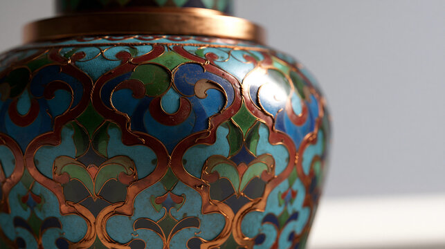 cloisonne. Close-up of a cloisonne vase with intricate wire patterns and vibrant enamel. event programs, museum guides, designed for cultural heritage projects and event programs.