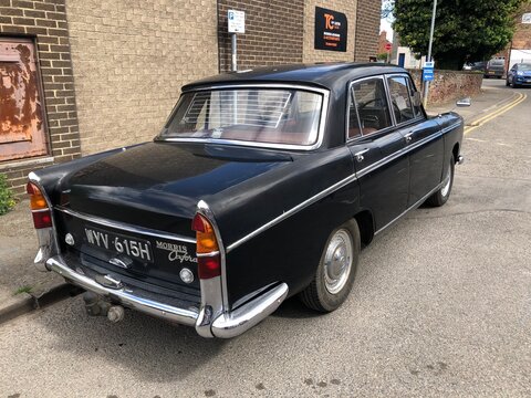 Rear view of a black Morris Oxford Farina Series VI in Boston Lincolnshire UK. Apr 2026