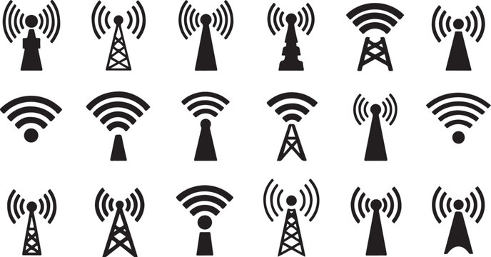 Cell tower, communication tower, wifi icons, signal symbols, black vector set isolated PNG with Transparent Background