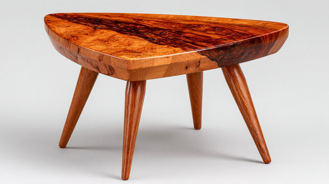 Handcrafted unique wooden stool with three splayed tapered legs and patterned