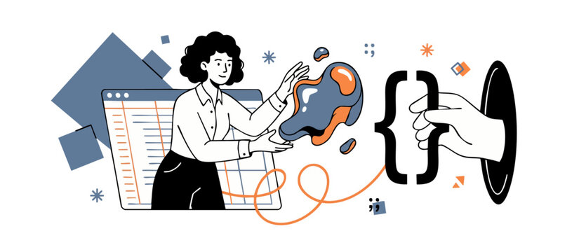 Female Developer Coding Software Program with abstract curly brackets and data window, web development illustration representing modern backend engineering, technology and innovative coding workflows.