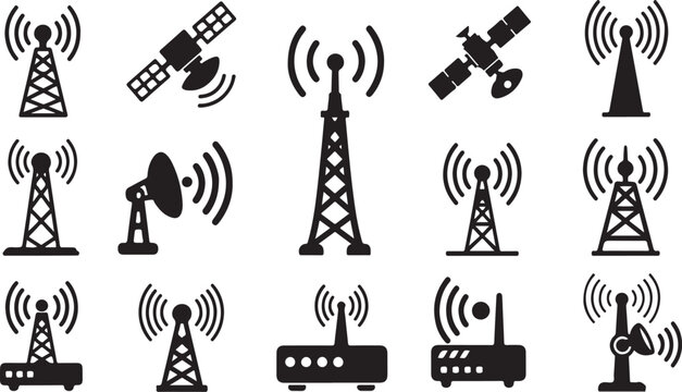 Cell tower, communication tower, satellite, router icons, network symbols isolated PNG with Transparent Background