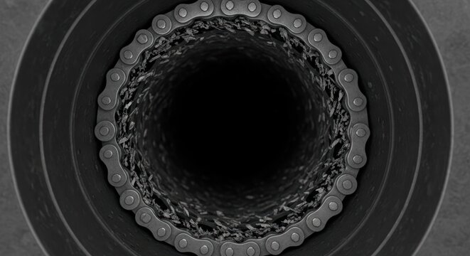 Extreme macro view of a broken industrial chain inside a dark pipe