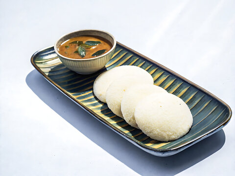 Idli and sambar on a banana leaf style plate