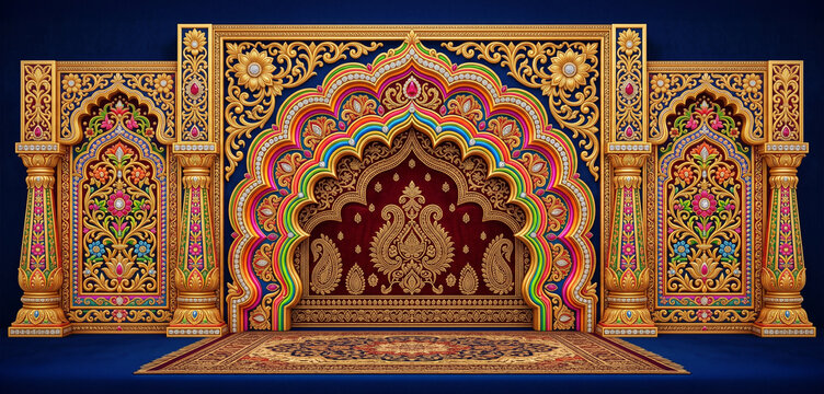 Royal Rajasthani Mughal Palace Arch Mandap Design with Luxury Golden Floral Mandala & Colourful Ornamental Heritage