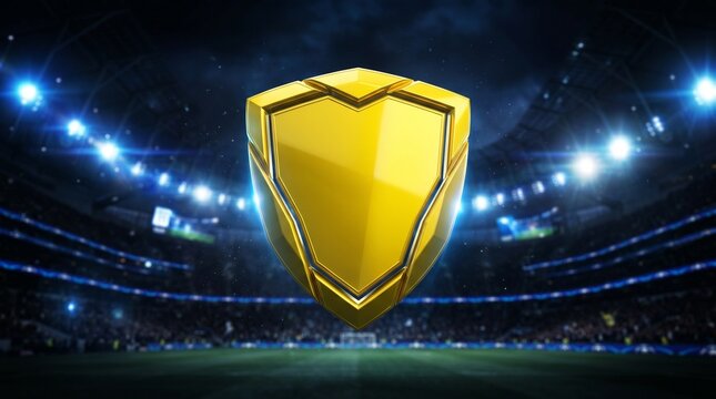 Glossy golden shield icon floating over a blurred illuminated football stadium at night