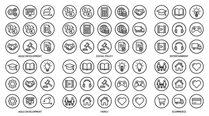 Collection of various line art icons representing diverse concepts and themes. © BANJARETNO