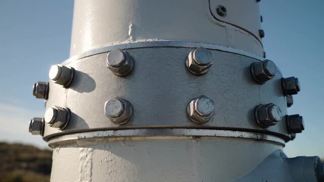 Pushing forward, camera capturing painted column revealing flange hex-head bolts rust seam at shore
