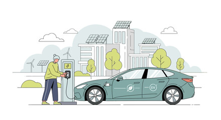 Obraz premium Electric car charging, sustainable city, clean energy, eco symbol