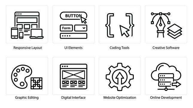 Collection of web development and design icons representing digital processes.
