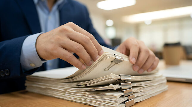 Businessman handling cash, money, bills, finance documents