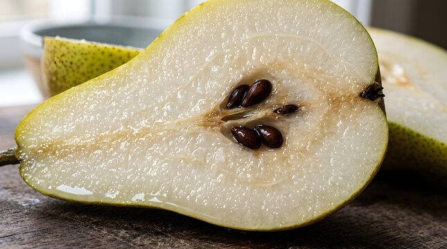 Close up macro shot of sliced pear showing juicy texture and seeds, ultra detailed, soft natural lighting