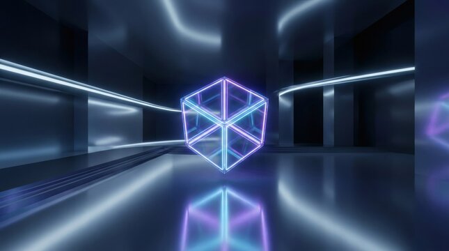 A glowing neon cube floats in a futuristic dark room with technology and lighting effects.