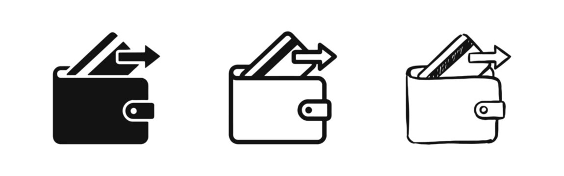 Credit Card Payment from Wallet Icon Set, Withdrawal and Transaction Symbols in Three Styles