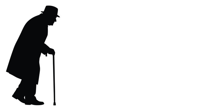 Elderly man with cane and hat black silhouette