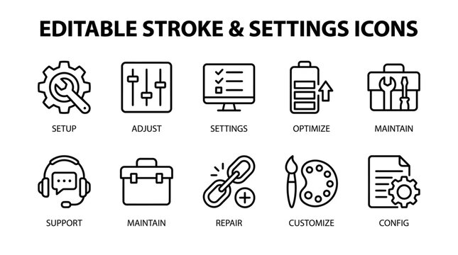 Set of editable stroke and settings icons for various digital functions.