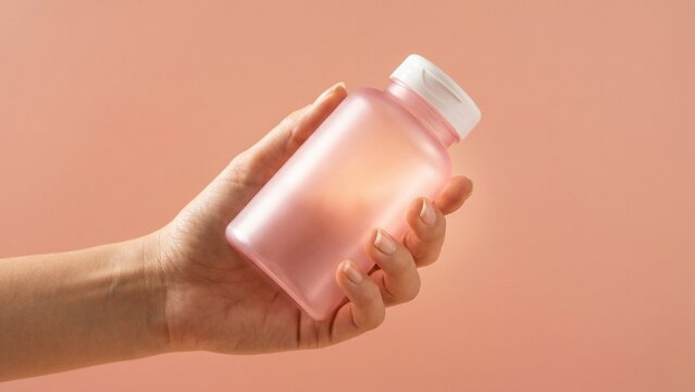 Hand holding a pink translucent bottle of pills on a light pink background, close-up studio shot