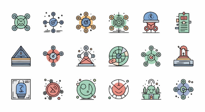 Collection of colorful science and technology icons.