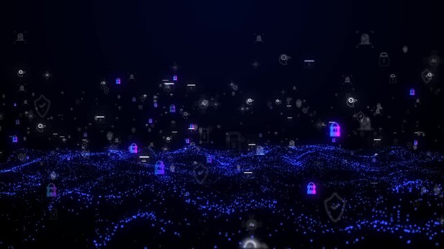Cybersecurity and AI protection concept with digital locks, shield icons, and secure network connections on futuristic dark background.