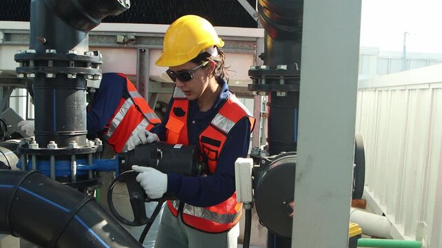 Engineer woman with safety vests and helmets maintaining a cooling tower. Beautiful Female worker inspecting cooling system building. Technician checking cooling tower and trying to rotate the valve.