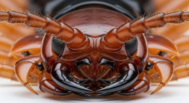 Extreme Macro Portrait of a Giant Centipede Head with Detailed Mandibles and Eyes