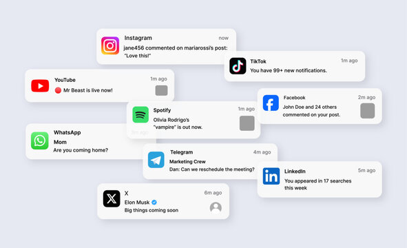Instagram TikTok YouTube Spotify WhatsApp Telegram Facebook LinkedIn X Social Media Notification Popup Mobile UI Message Alert Design