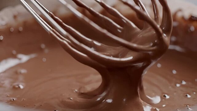 Closeup of a whisk mixing rich glossy chocolate batter in a bowl.