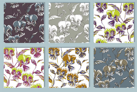 Vector set of seamless pansy prints. Stylish hand-drawn prints.