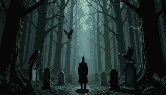 Solitary Figure in Long Coat Standing among Gravestones in Misty Forest