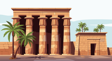 Fototapeta premium Detailed vector illustration of an ancient Egyptian temple, showcasing monumental columns, palm trees, and the captivating architecture of a historic civilization